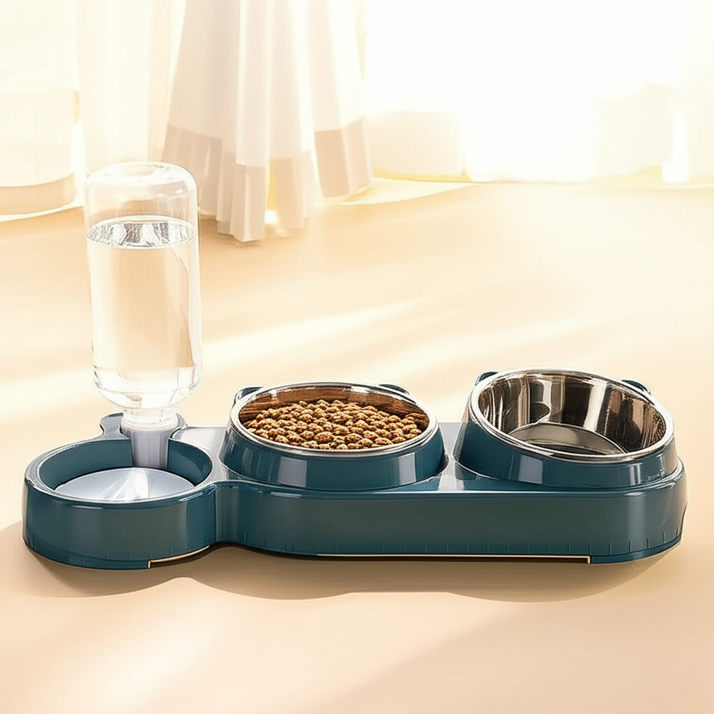 Ergonomischer Futternapf & automatischer Wasserspender – Edelstahl, Nackenschutz für Hunde & Katzen