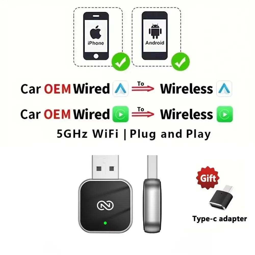 2-in-1 Kabelloser CarPlay & Android Auto Adapter – 5GHz WiFi, USB-C/USB Plug & Play