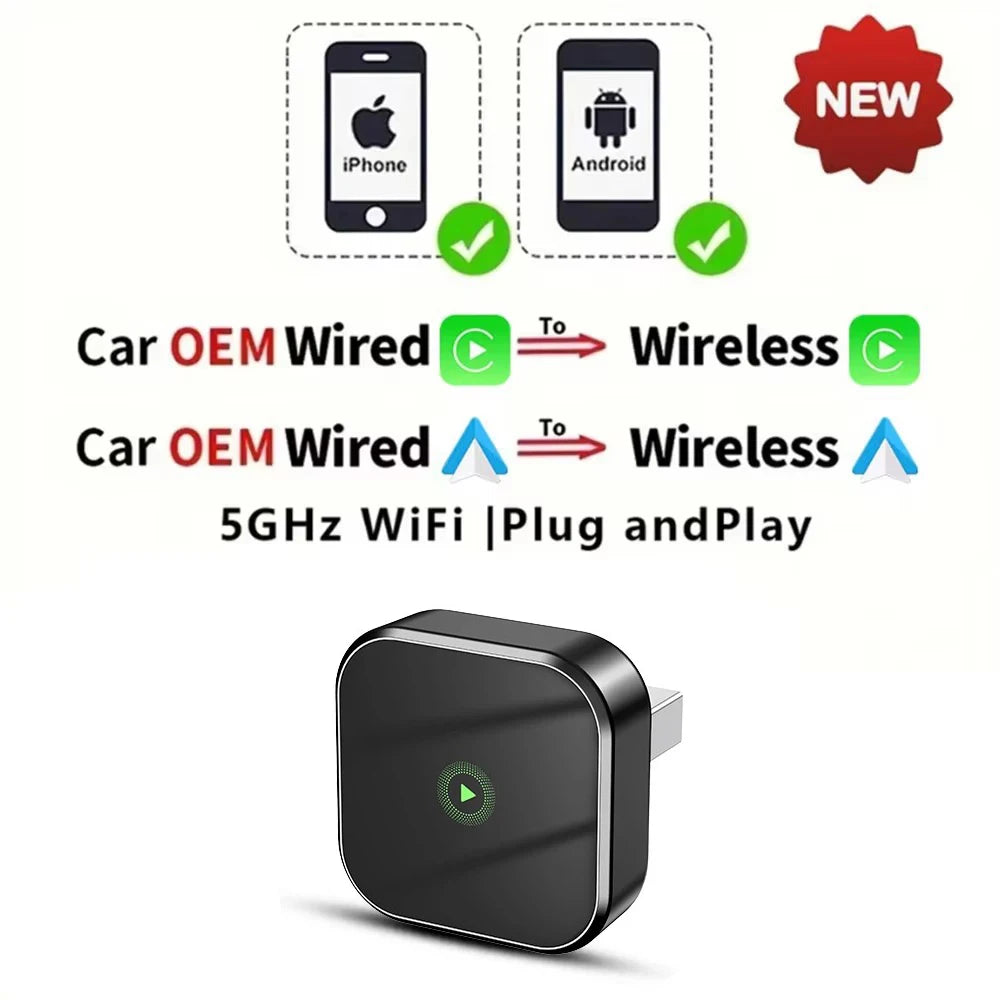 2-in-1 Kabelloser CarPlay & Android Auto Adapter – 5GHz WiFi, USB-C/USB Plug & Play