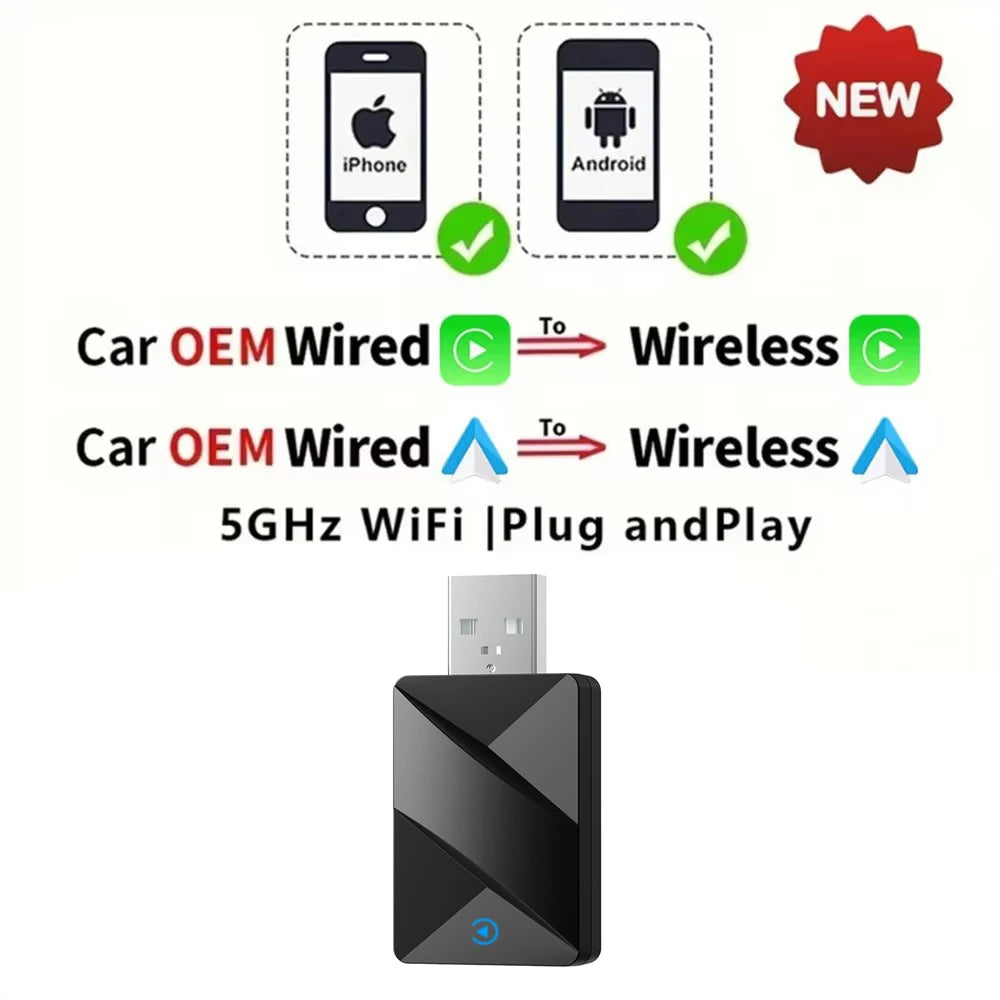 2-in-1 Kabelloser CarPlay & Android Auto Adapter – 5GHz WiFi, USB-C/USB Plug & Play