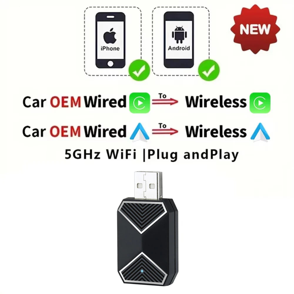 2-in-1 Kabelloser CarPlay & Android Auto Adapter – 5GHz WiFi, USB-C/USB Plug & Play