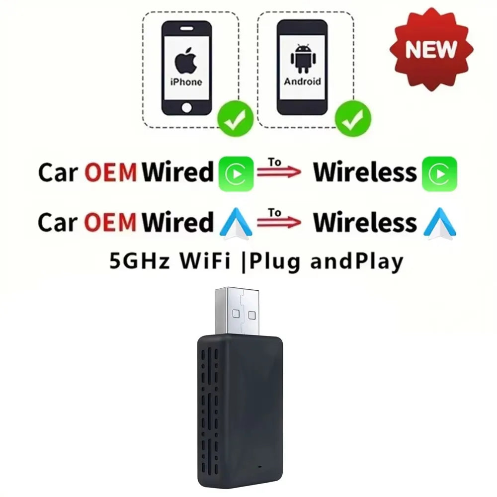 2-in-1 Kabelloser CarPlay & Android Auto Adapter – 5GHz WiFi, USB-C/USB Plug & Play