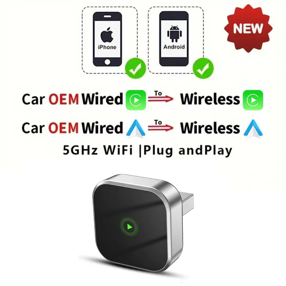 2-in-1 Kabelloser CarPlay & Android Auto Adapter – 5GHz WiFi, USB-C/USB Plug & Play