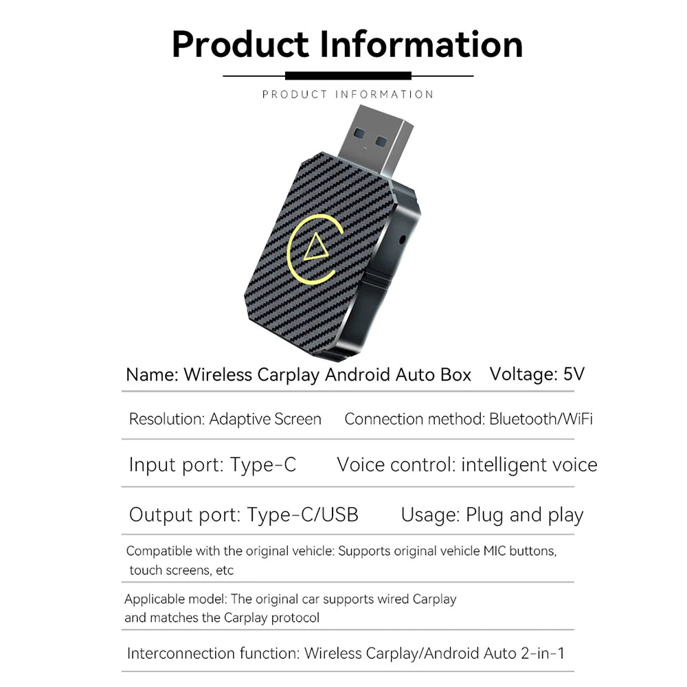 2-in-1 Kabelloser CarPlay & Android Auto Adapter – 5GHz WiFi, USB-C/USB Plug & Play