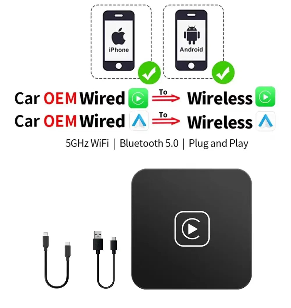 2-in-1 Kabelloser CarPlay & Android Auto Adapter – 5GHz WiFi, USB-C/USB Plug & Play